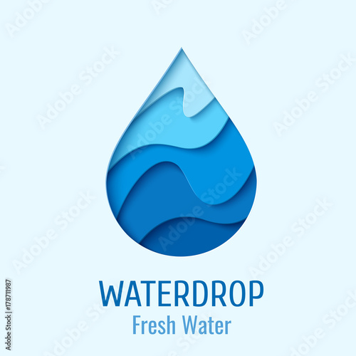 Water drop logo design template. Vector abstract waterdrop paper cut style logotype. Save water - ecology concept
