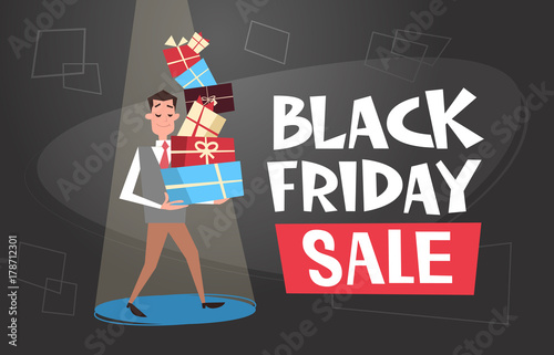 Man Holding Gift Boxes Stack, Black Friday Sale Poster Design Holiday Shopping Banner Flat Vector Illustration