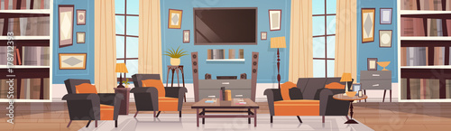 Cozy Living Room Interior Design With Modern Furniture, Windows, Sofa, Table Armchairs, Bookcase And Tv Horizontal Banner Flat Vector Illustration