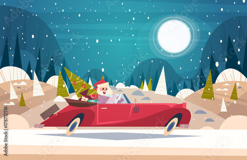 Santa Driving Retro Car With Green Tree And Presents In Winter Forest Merry Christmas And Happy New Year Poster Background Flat Vector Illustration