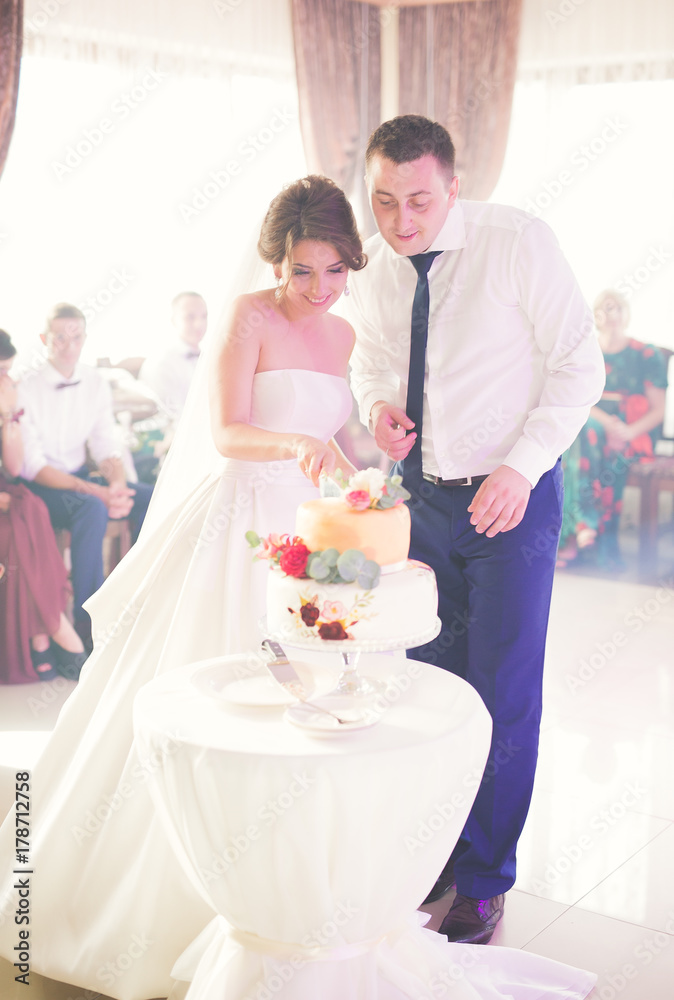 Fototapeta premium Bride and groom at wedding cutting the wedding cake