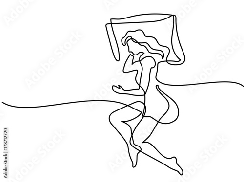 Continuous line drawing. Beautiful woman in sleeping pose on pillow. Vector illustration