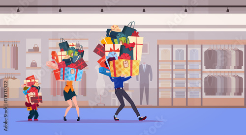 Family Carry Stack Of Presents Over Shop Background Holiday Gifts And Seasonal Sale Concept Flat Vector Illustration