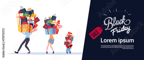 Black Friday Poster With Family Carry Stack Of Presents Over White Background Holiday Seasonal Sale Concept Flat Vector Illustration