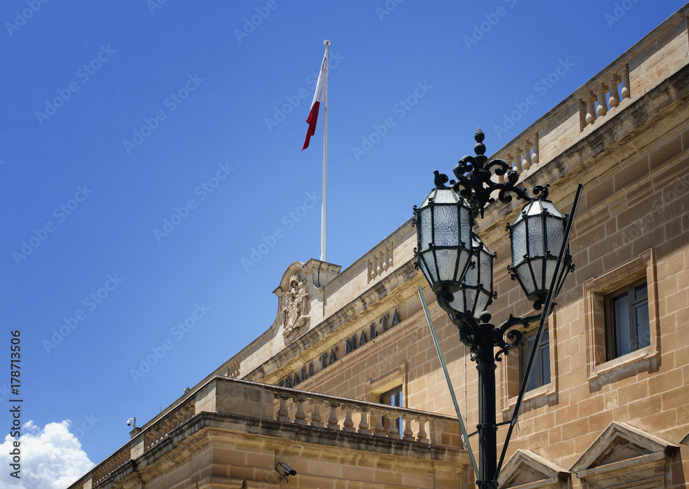 Close up view of Auberge de Castille in Valletta, Malta. It was built in the 1570s to house knights of the Order of Saint John from the langue of Castile, León and Portugal.