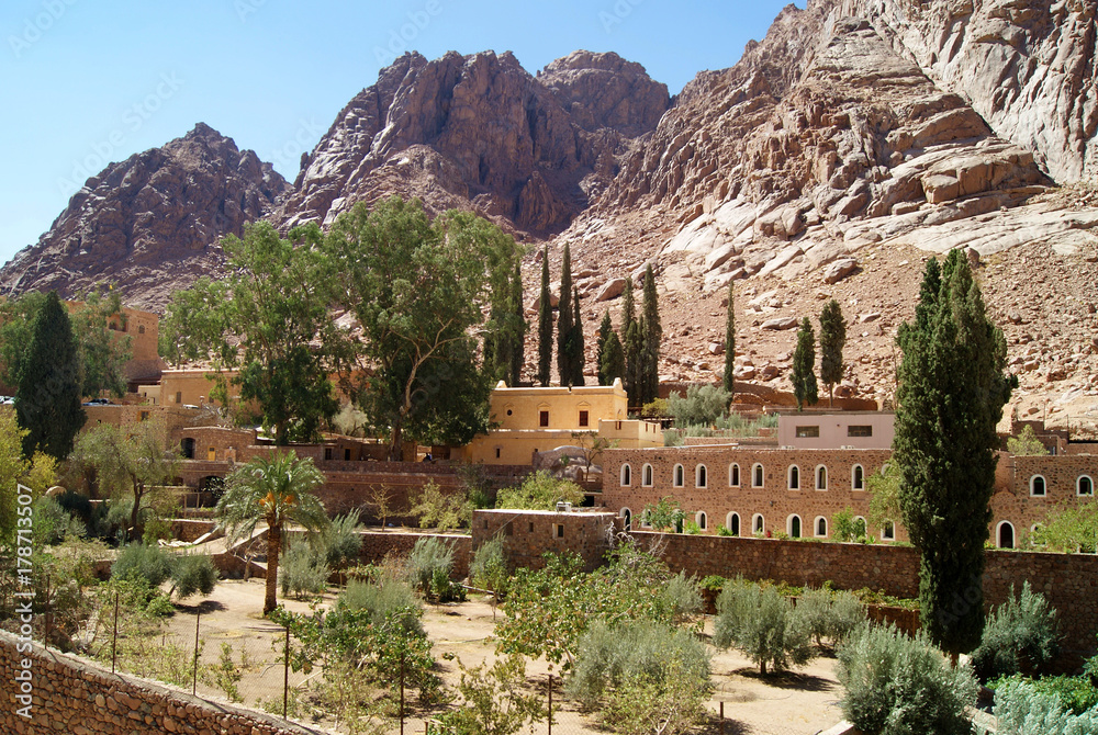 Obraz premium Garden of Saint Catherine's Monastery in the desert on the Sinai Peninsula, Egypt - one of the oldest working Christian monasteries in the world - against the background of sun-burned lifeless rocks