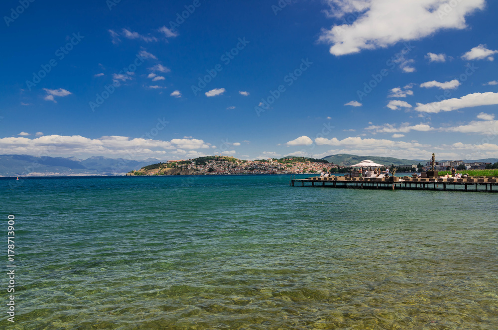 Ohrid Lake and the beaches around the lake with the background scene of Ohrid Town 