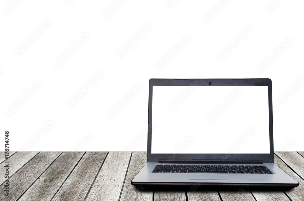 laptop computer with blank screen for presentation on wooden desk isolated on white background, workspace, technology, internet and business concept laptop computer with blank screen for presentation on wooden desk isolated on white background, workspace, technology, internet and business concept