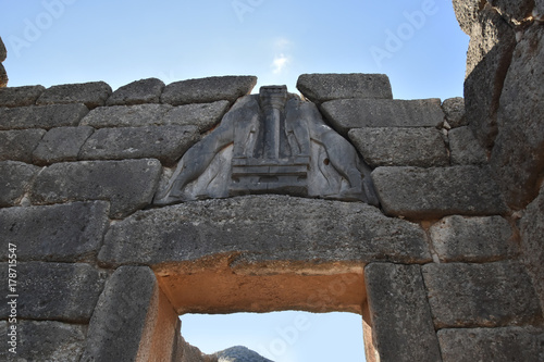 Lion gate in the archaeological site of Mycenae near the village of Mykines, Peloponnese, Greece