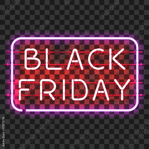 BLACK FRIDAY neon sign in frame isolated on transparent background. Shining and glowing neon effect. All elements are separate units with wires, tubes, brackets and holders.
