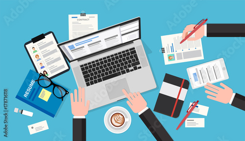 Human resources meeting, top view of a desk with a computer, notepad, resume, smartphone, pens and pencils. Vector illustration in flat style, template for business