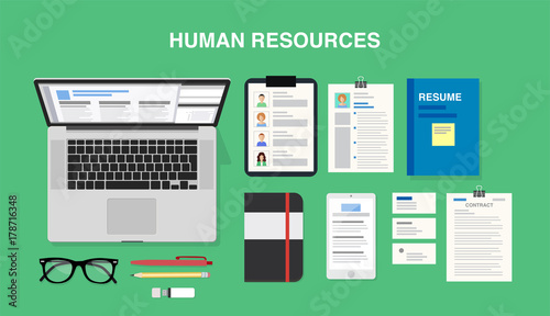 Human resources, top view of a desk with a computer, notepad, resume, smartphone, pens and pencils. Vector illustration in flat style, template for business