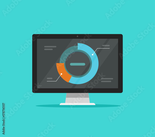 Computer data analytics vector illustration, flat design desktop monitor with research information graphs or round diagram charts on display, concept of research analysis, results analyzing icon