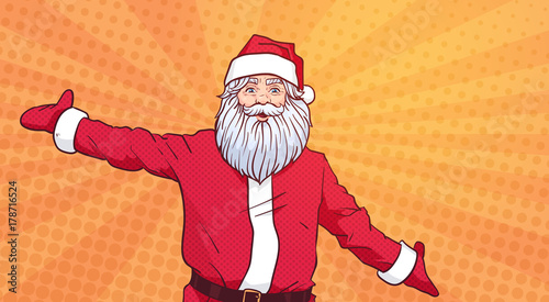 Santa Claus On Colorful Pop Art Comic Background Christmas Poster Design Vector Illustration