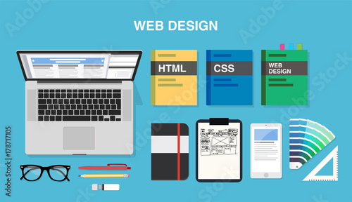 Web design, top view of a desk with a computer, notepad, design books, color palette, smartphone, pens and pencils. Vector illustration in flat style, template for business
