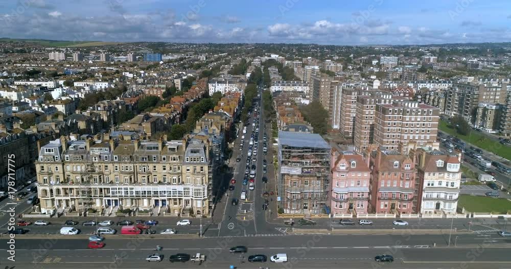 Aerial dolly view of the seafront in Brighton and Hove, Southern England Aerial dolly view of the seafront in Brighton and Hove, Southern England