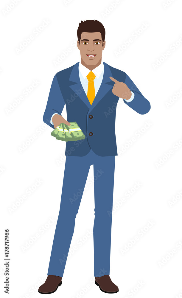 Businessman with cash money pointing the finger at yourself. Self-promotion. Businessman with cash money pointing the finger at yourself. Self-promotion.