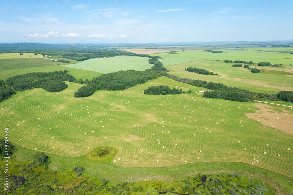 Aerial view of farm land and hey barrels during summer season.