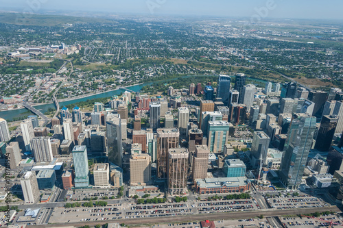 Calgary cityscape of downtown. Aerial photo of city center and Bow river, Canada, Alberta.