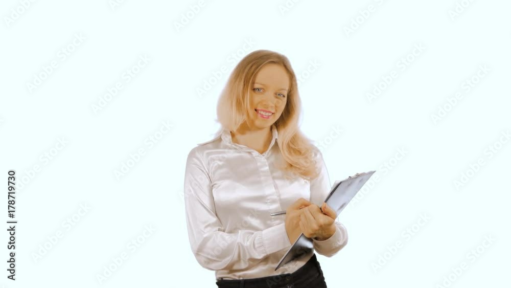 4k. Business woman getting her hair before the mirror. Isolated on a white background. chromakey. 4k. Business woman getting her hair before the mirror. Isolated on a white background. chromakey.