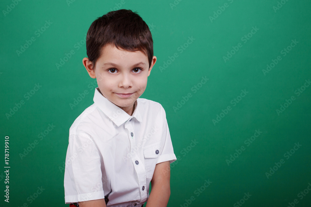 Boy in white shirt on green background, close-up portrait Boy in white shirt on green background, close-up portrait
