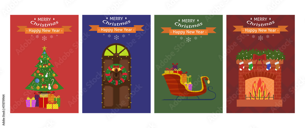New Year card set. Four Christmas cards. Vector illustration New Year card set. Four Christmas cards. Vector illustration
