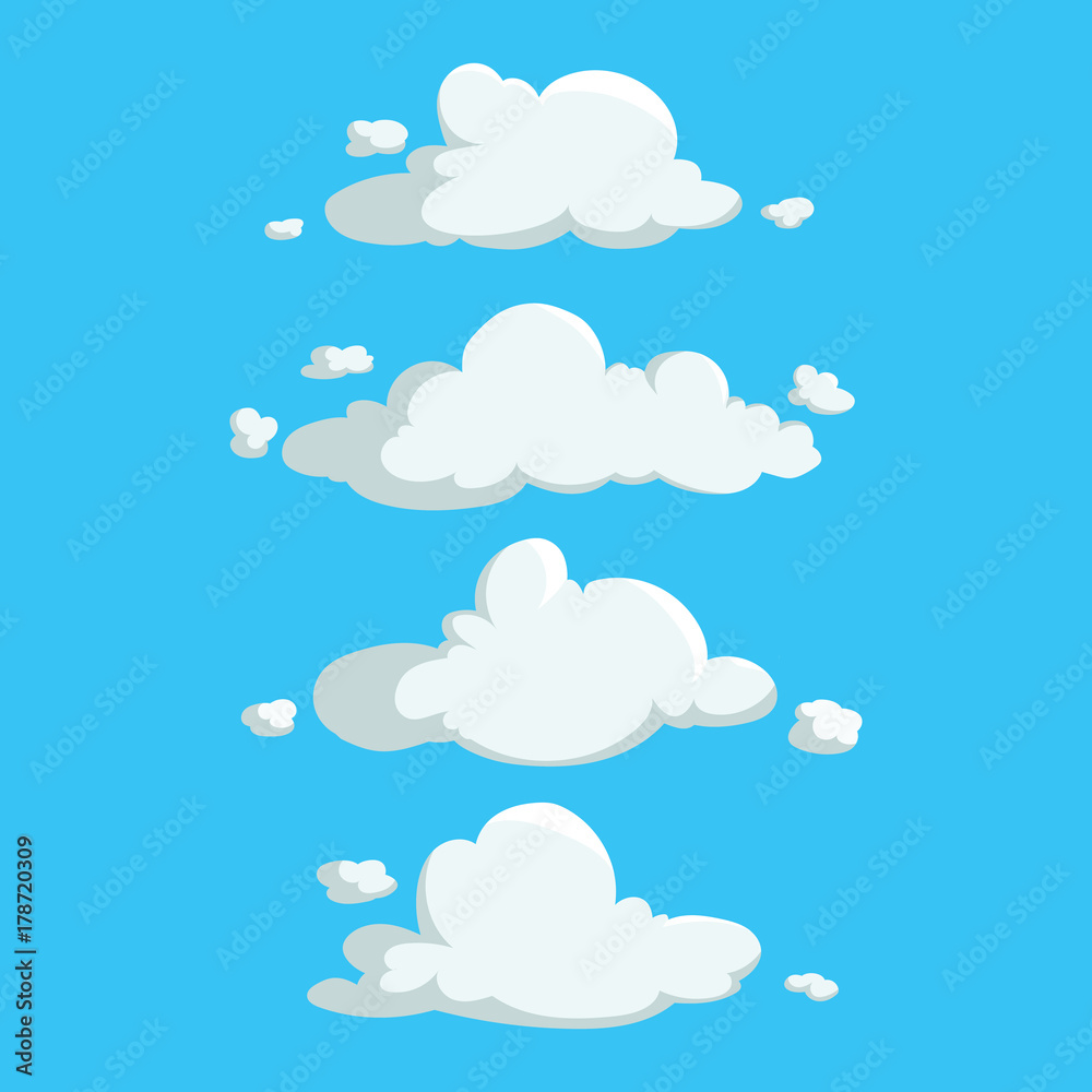 Cartoon cute cloud trendy design icons set. Vector illustration of weather or sky background.