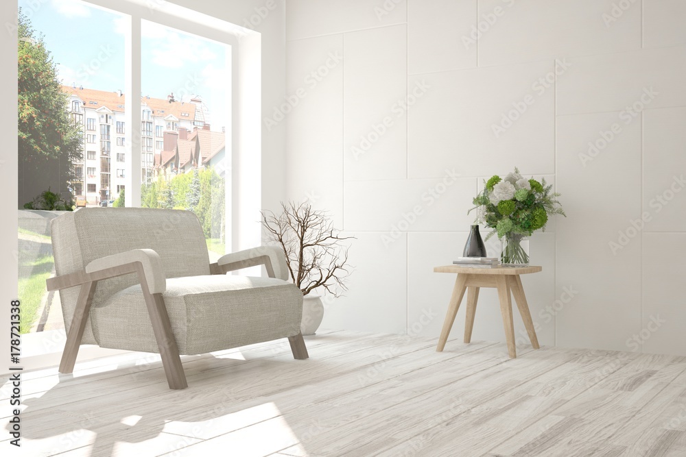 Fototapeta premium Idea of white room with armchair and summer landscape in window. Scandinavian interior design. 3D illustration