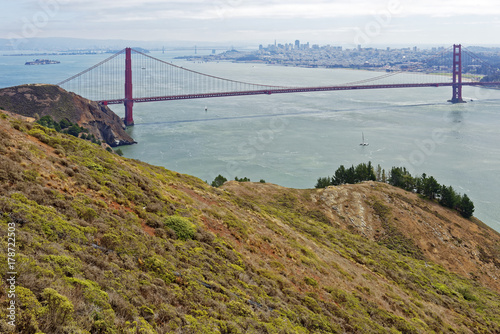 View from Hawk Hill in Marin County, California of the Golden Gate Bridge to San Francisco