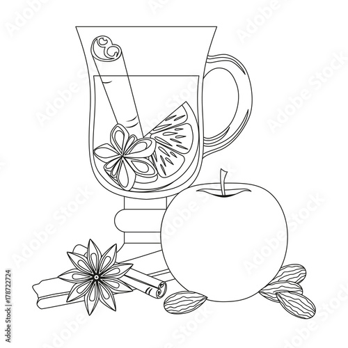 Mulled wine black and white vector poster on white background.