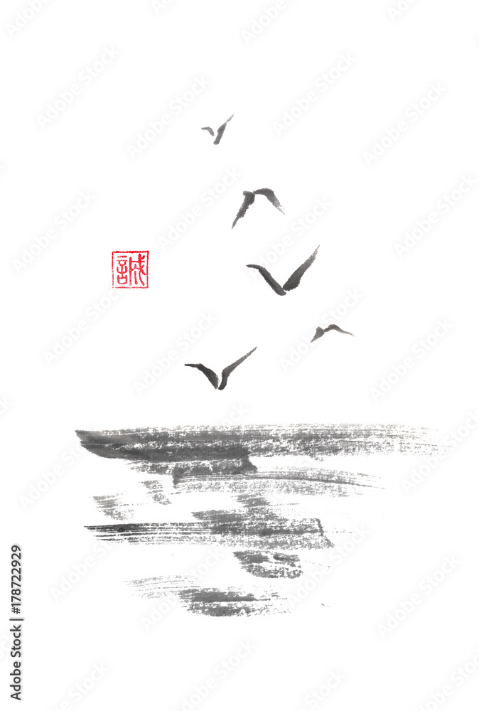 Naklejka premium Latające mewy Japońskie malarstwo tuszem sumi-e.