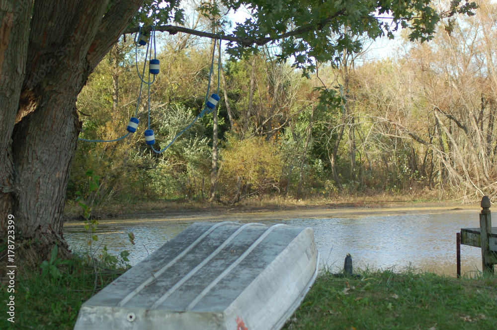 Fototapeta premium Rowboat beside a rural pond