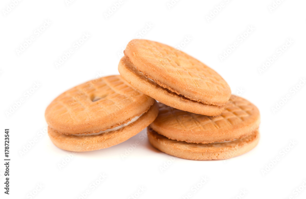 Sandwich biscuits, filled with chocolate. Cookies with cream filling isolated on white background. Sandwich biscuits, filled with chocolate. Cookies with cream filling isolated on white background.