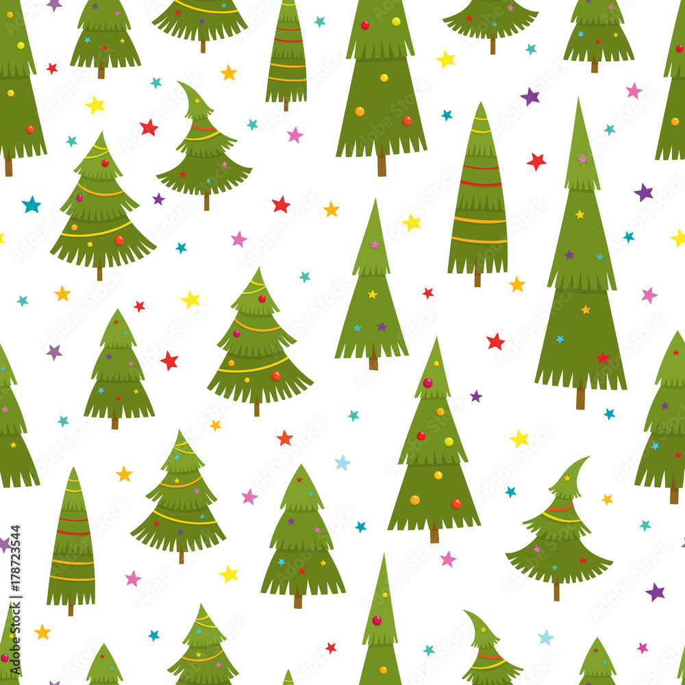 Seamless pattern with christmas tree in cartoon style, vector illustration on white background.