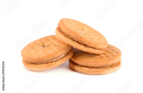 Sandwich biscuits, filled with chocolate. Cookies with cream filling isolated on white background.