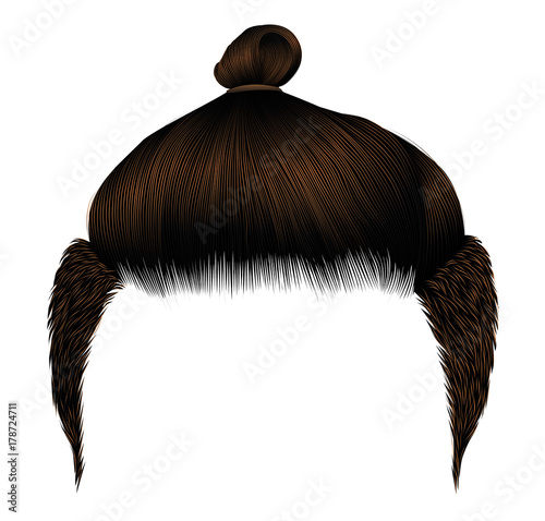 Trendy man hairs. Bun brown brunette color. Beauty style. Realistic 3d.