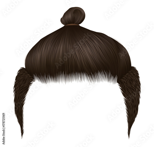 Trendy man hairs. Bun brown  color.
 Beauty style. Realistic 3d.