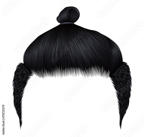 Trendy man hairs. Bun brunette black color. Beauty style. Realistic 3d.