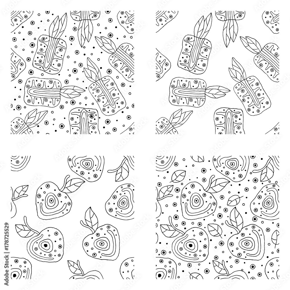 Set of seamless vector hand drawn childish patterns with fruits. Cute childlike pineapple, cherry with leaves, seeds, drops. Doodle, sketch, cartoon style background. Line drawing