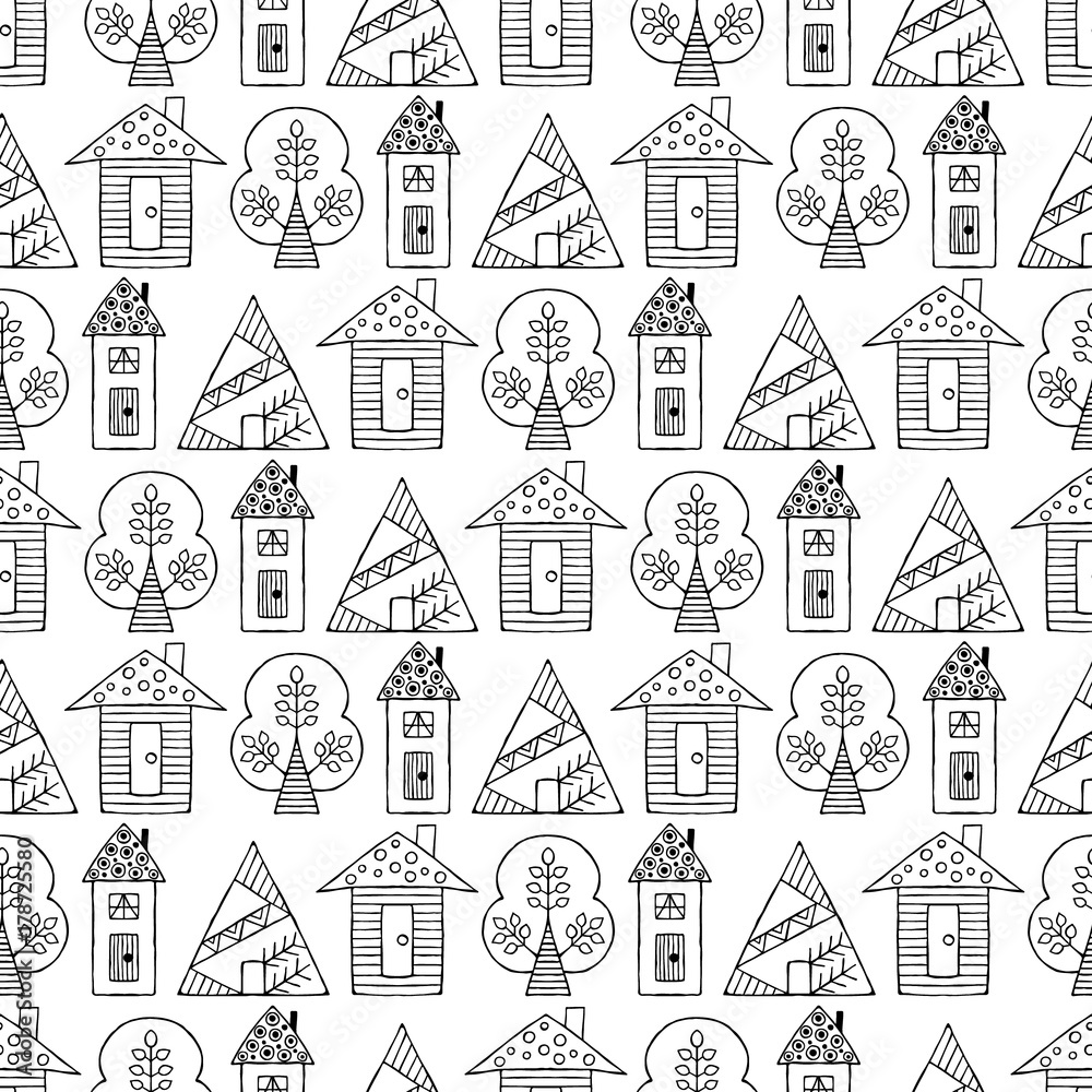 Vector hand drawn seamless pattern Decorative stylized childish trees, house Doodle style, tribal graphic illustration Ornamental cute hand drawing Series of doodle, cartoon sketch seamless patterns