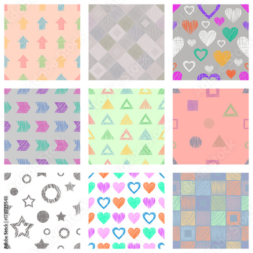 Set of seamless vector geometrical patterns with different geometric figures, forms. pastel endless background with hand drawn textured geometric figures. Graphic vector illustration