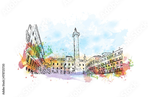 Watercolor sketch with color splash of Fontana Di Piazza Colonna, Rome Italy in vector illustration.