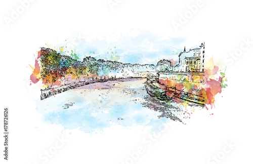 Watercolor sketch with color splash of Tiber River Rome, Italy in vector illustration.