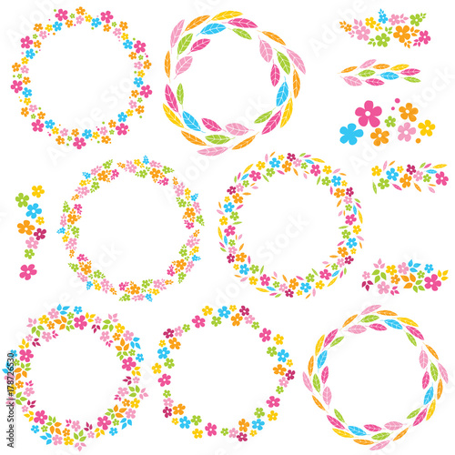 Colorful vector floral wreath collection. Brush elements included. Bright colors flowers and leaves. Suitable for greeting cards, wedding invitations, websites.