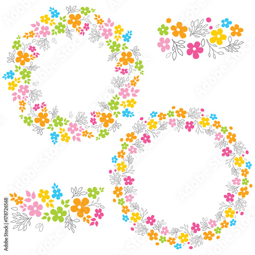 Colorful vector floral wreath collection. Brush elements included. Bright colors flowers and leaves. Suitable for greeting cards, wedding invitations, websites.