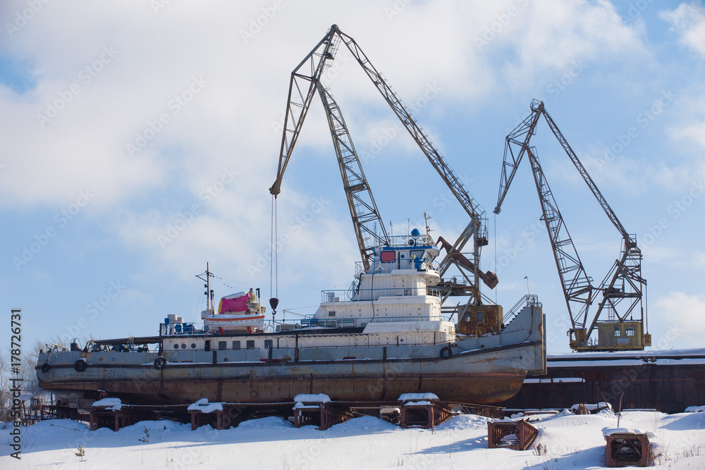 Fototapeta premium two cranes and cargo ship in winter backwater