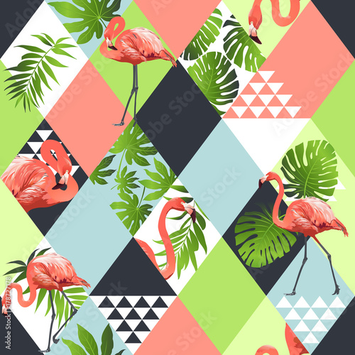 Fototapeta Exotic beach trendy seamless pattern, patchwork illustrated floral vector tropical banana leaves