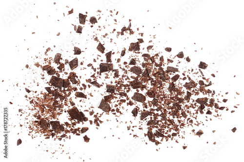 Pile chopped, milled chocolate shavings isolated on white