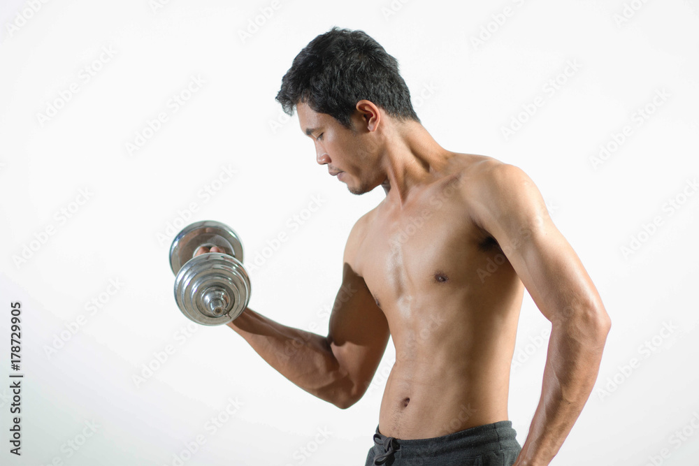 Young man strong fitness with dumbbells isolated on white background Young man strong fitness with dumbbells isolated on white background