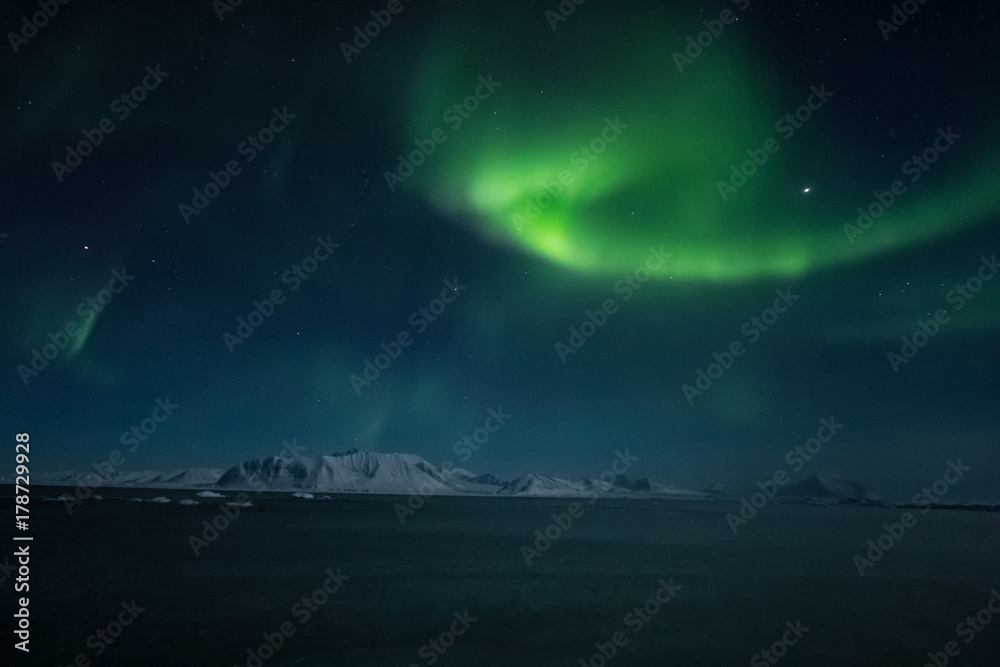Aurora Borealis over fiord in the Arctic.